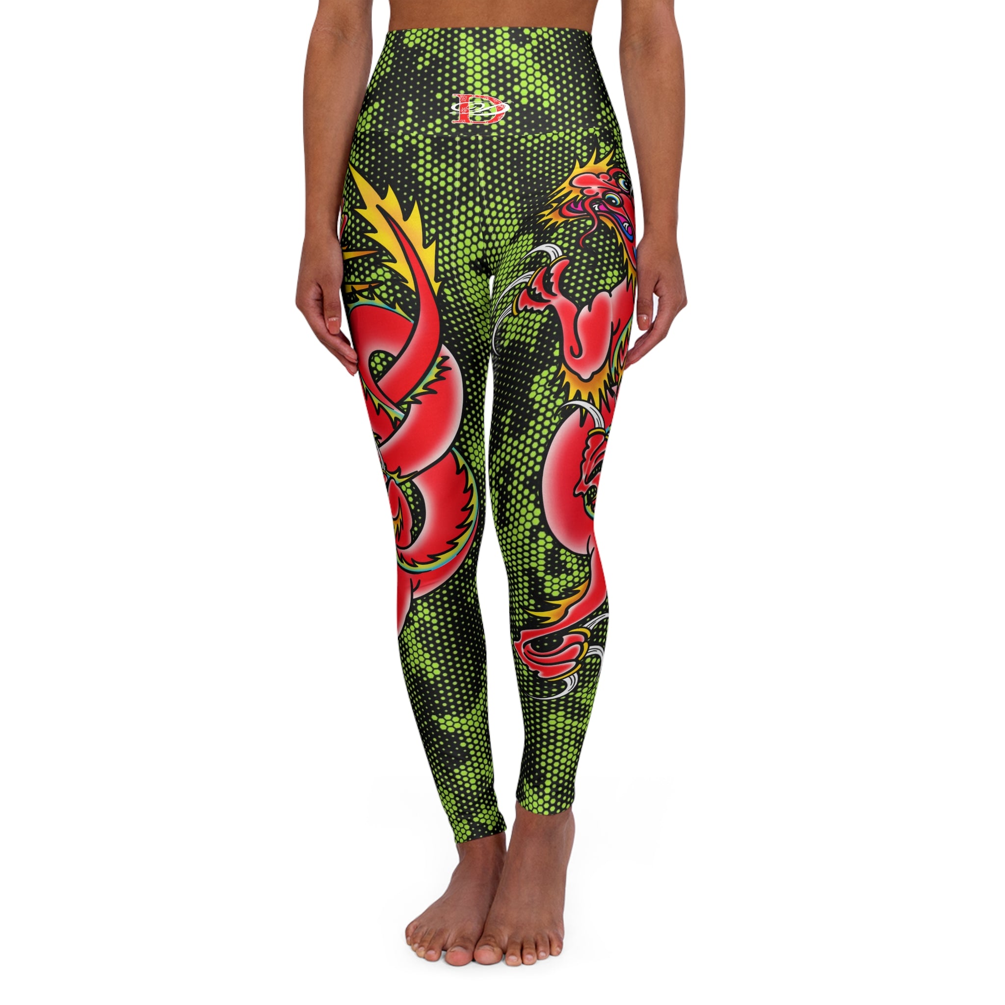 Custom Dragon W/ Lime Green Hexagon Camo High Waisted Leggings AOP