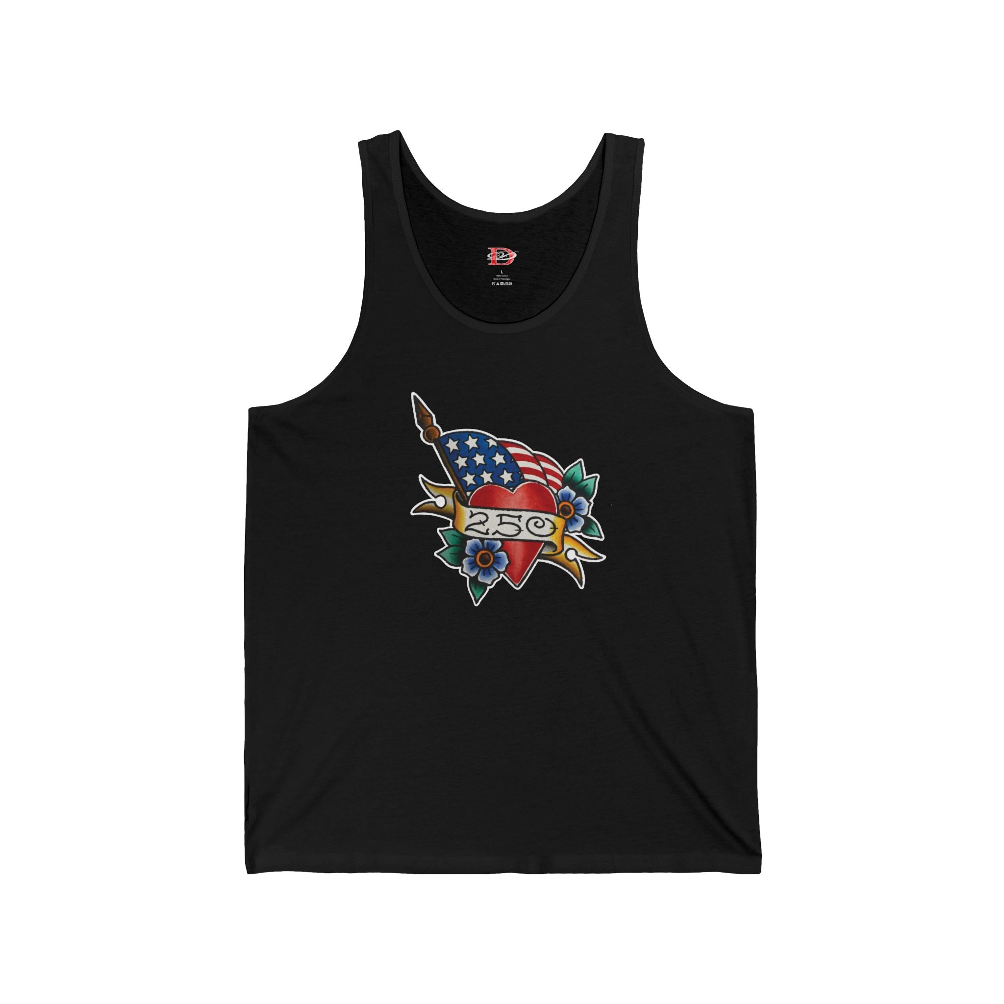 250th Anniversary American Flag w/Heart and 250 Banner Tattoo Design Mens Tank Top