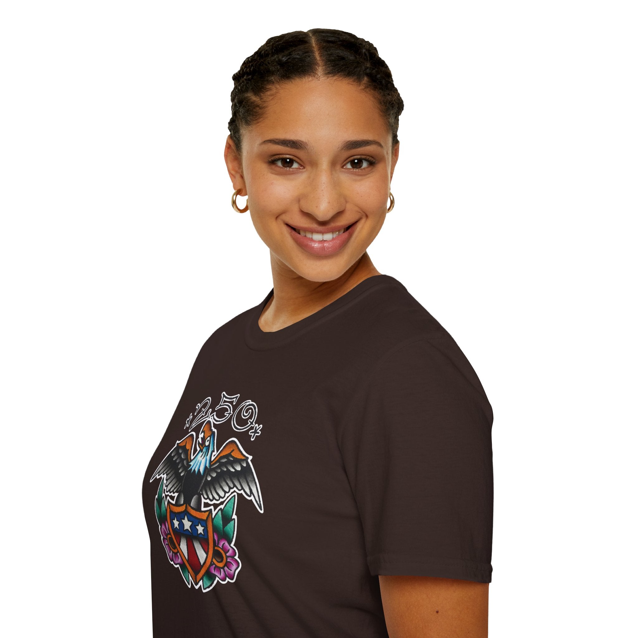 250th Anniversary Eagle w/Flag Shield Tattoo Unisex Softstyle T‑Shirt