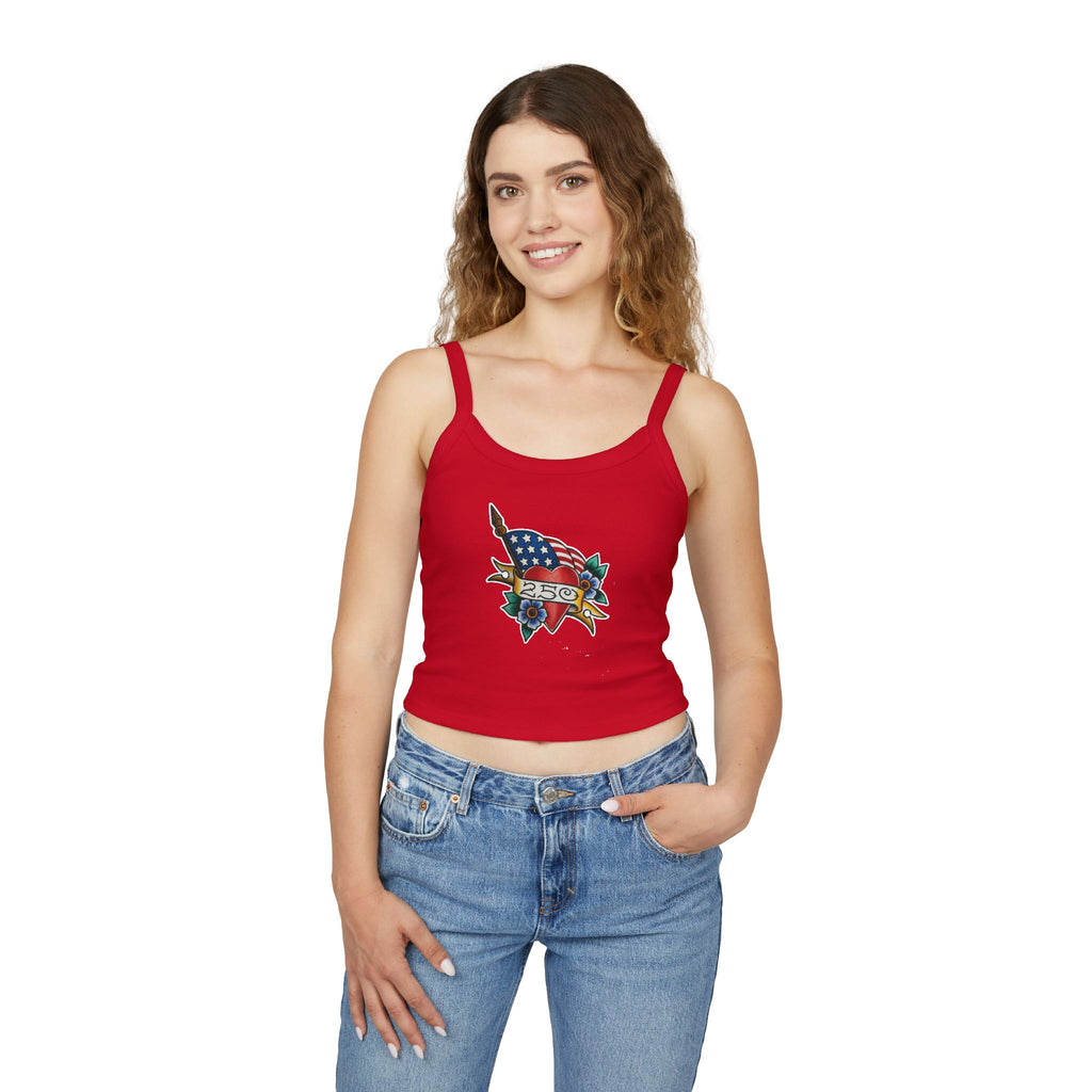 250th Anniversary Banner Heart and Flag Spaghetti Strap Woman's Tank Top