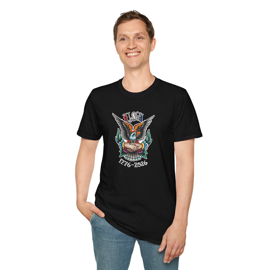 250th Anniversary 1776-2026 Clasped Hands w/Eagle Unisex Softstyle Tattoo T‑Shirt