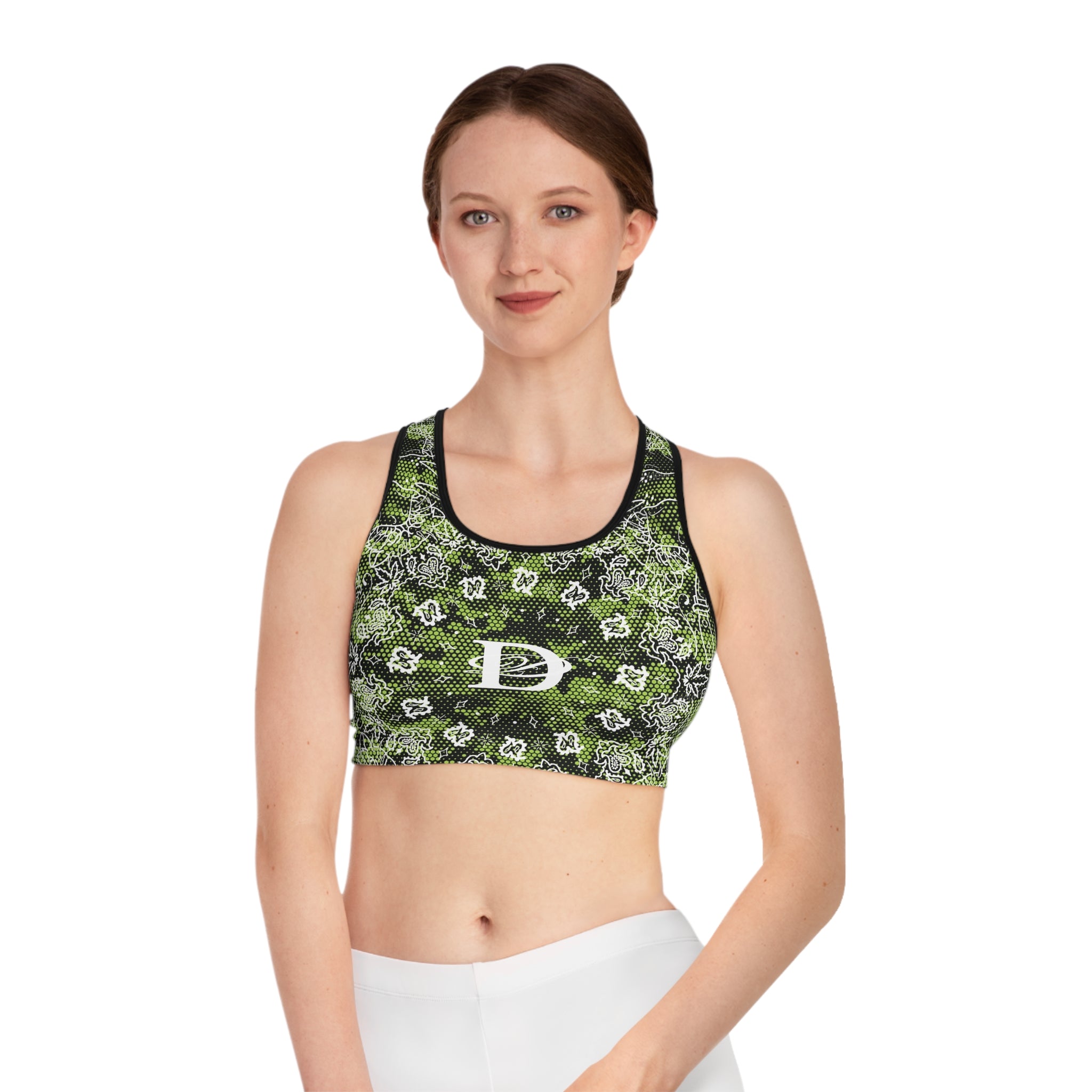 DD Custom Bandana Print W/ Lime Green Hexagon Digital Camo Sports Bra AOP