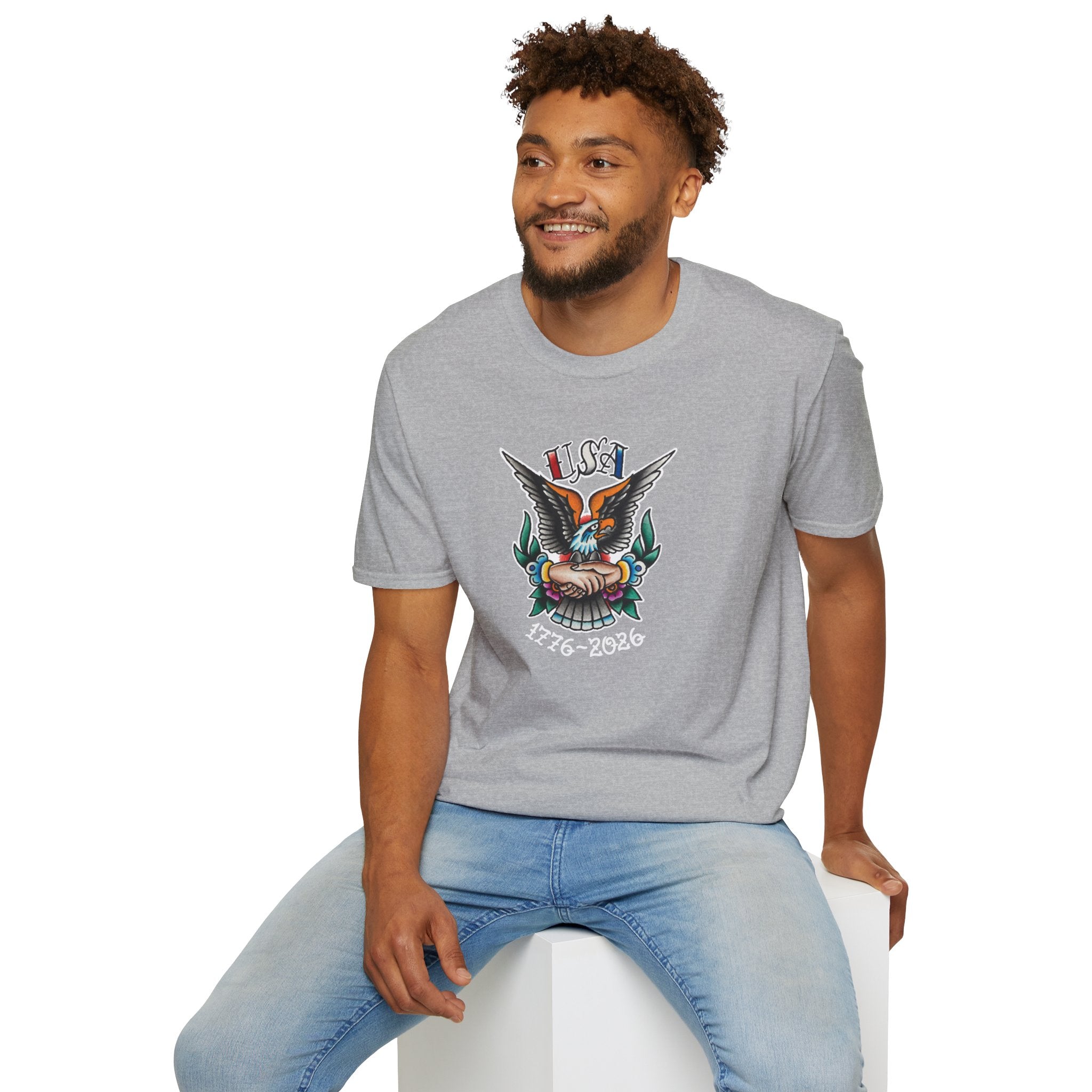 250th Anniversary 1776-2026 Clasped Hands w/Eagle Unisex Softstyle Tattoo T‑Shirt