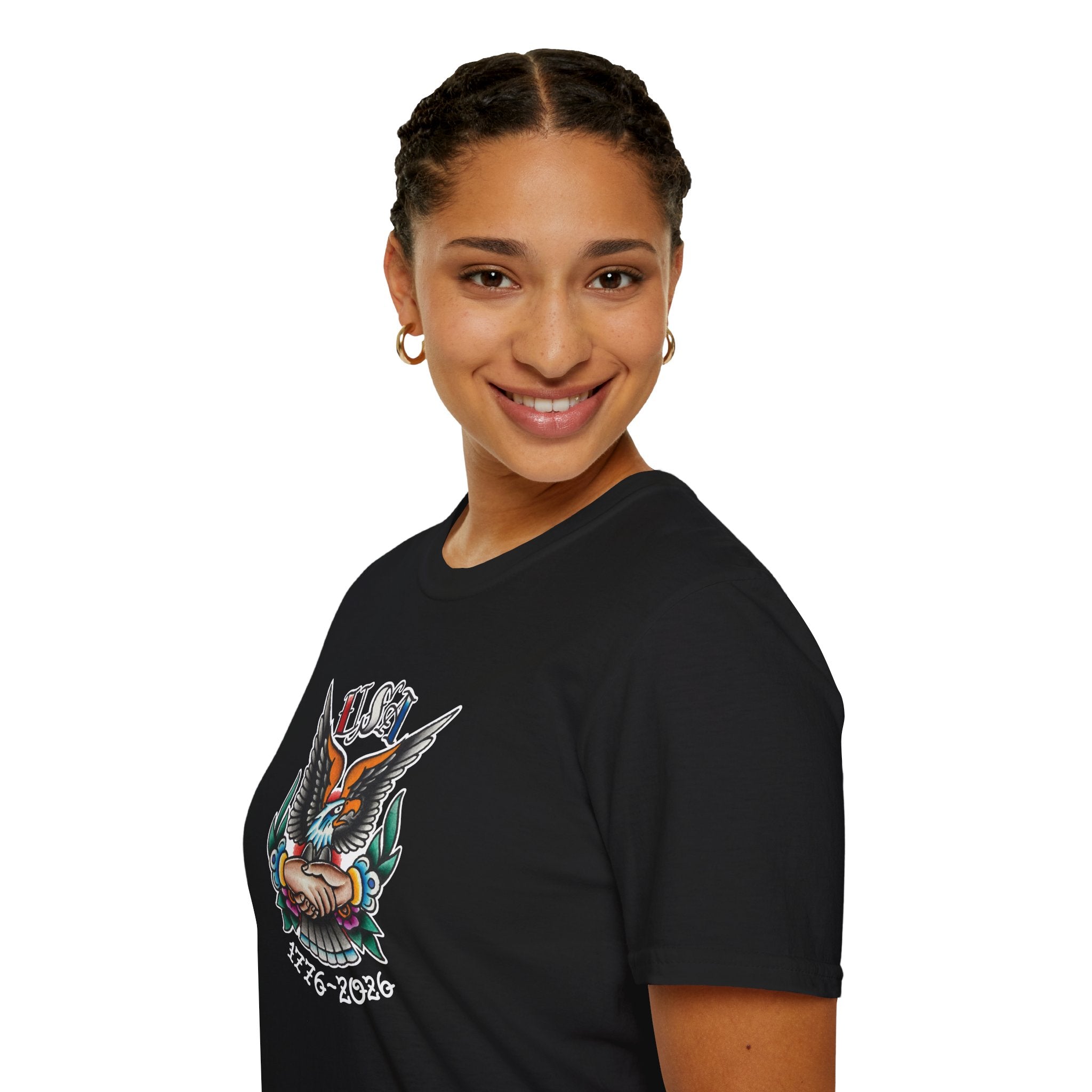 250th Anniversary 1776-2026 Clasped Hands w/Eagle Unisex Softstyle Tattoo T‑Shirt