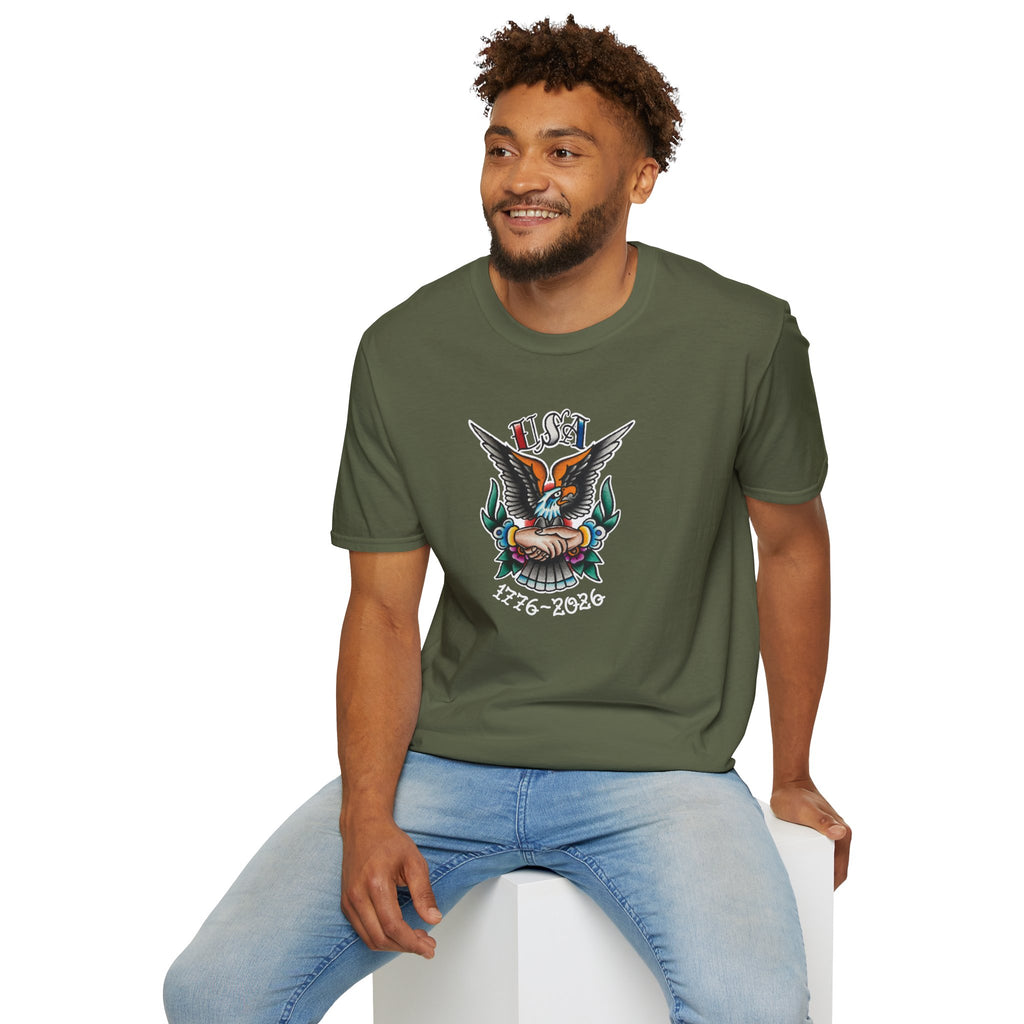 250th Anniversary 1776-2026 Clasped Hands w/Eagle Unisex Softstyle Tattoo T‑Shirt