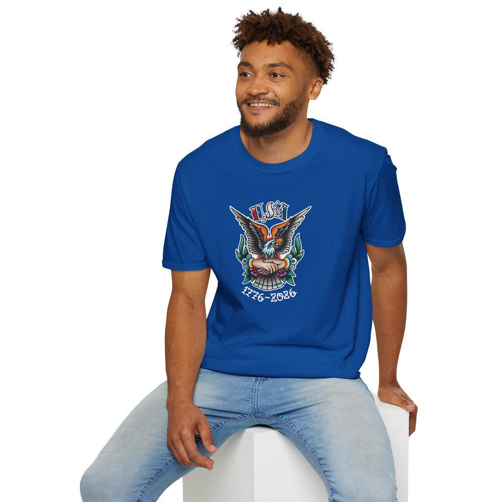 250th Anniversary 1776-2026 Clasped Hands w/Eagle Unisex Softstyle Tattoo T‑Shirt