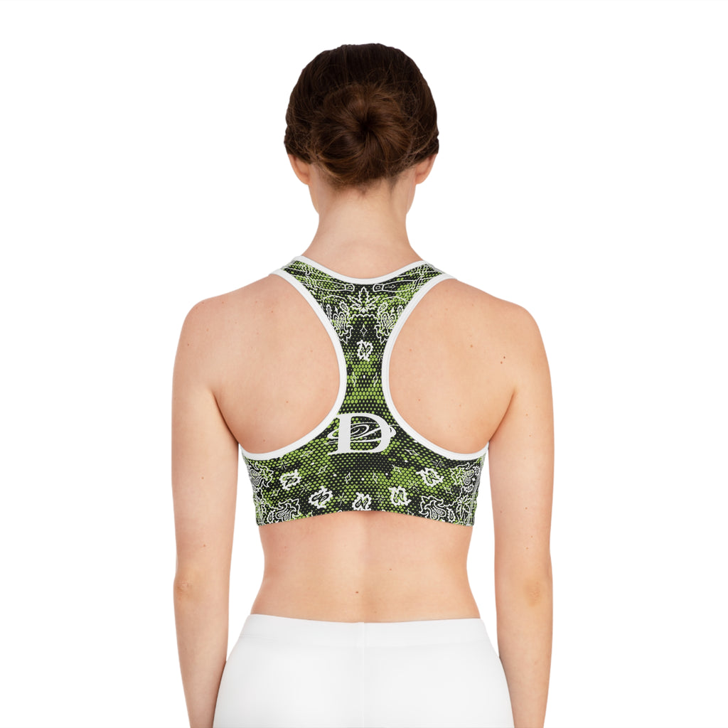 DD Custom Bandana Print W/ Lime Green Hexagon Digital Camo Sports Bra AOP