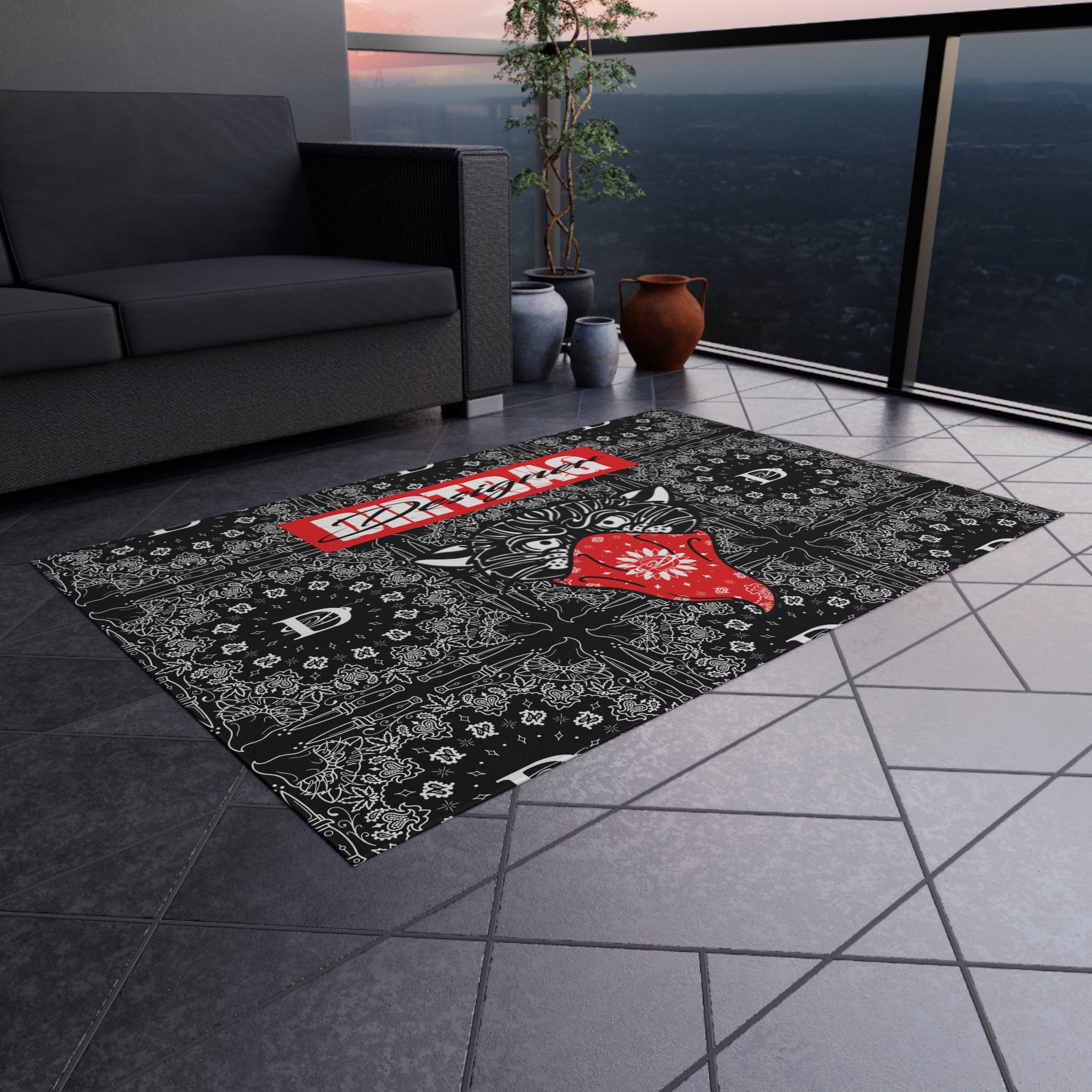 Bandito Panther and Box Logo w/DD Custom Bandana Print Background Indoor-Outdoor Rug AOP
