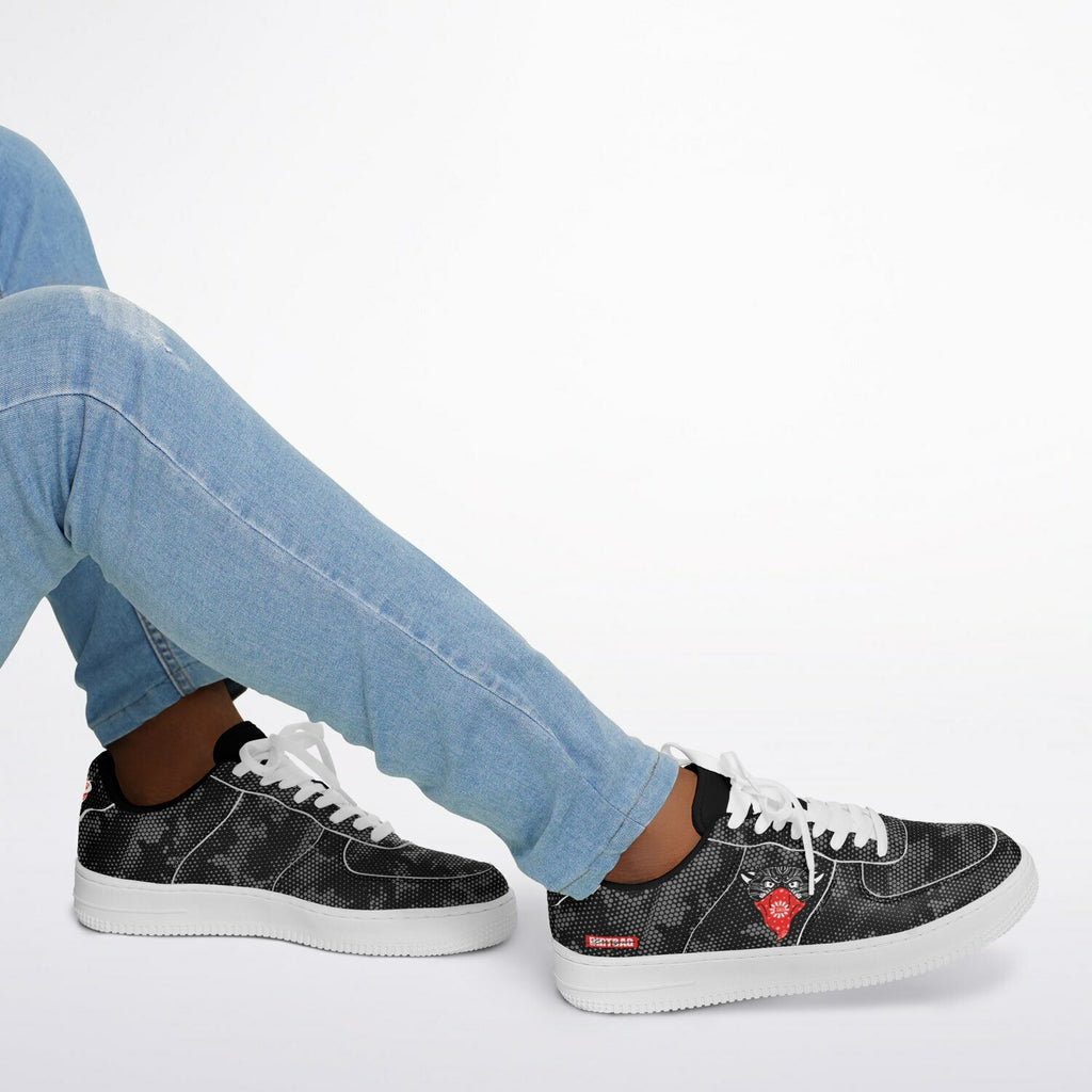 DD Low Top Sneakers in Digital Hexagon Urban Camo Pattern w/Bandito Panther and Box Logo AOP