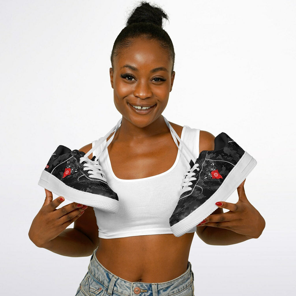 DD Low Top Sneakers in Digital Hexagon Urban Camo Pattern w/Bandito Panther and Box Logo AOP