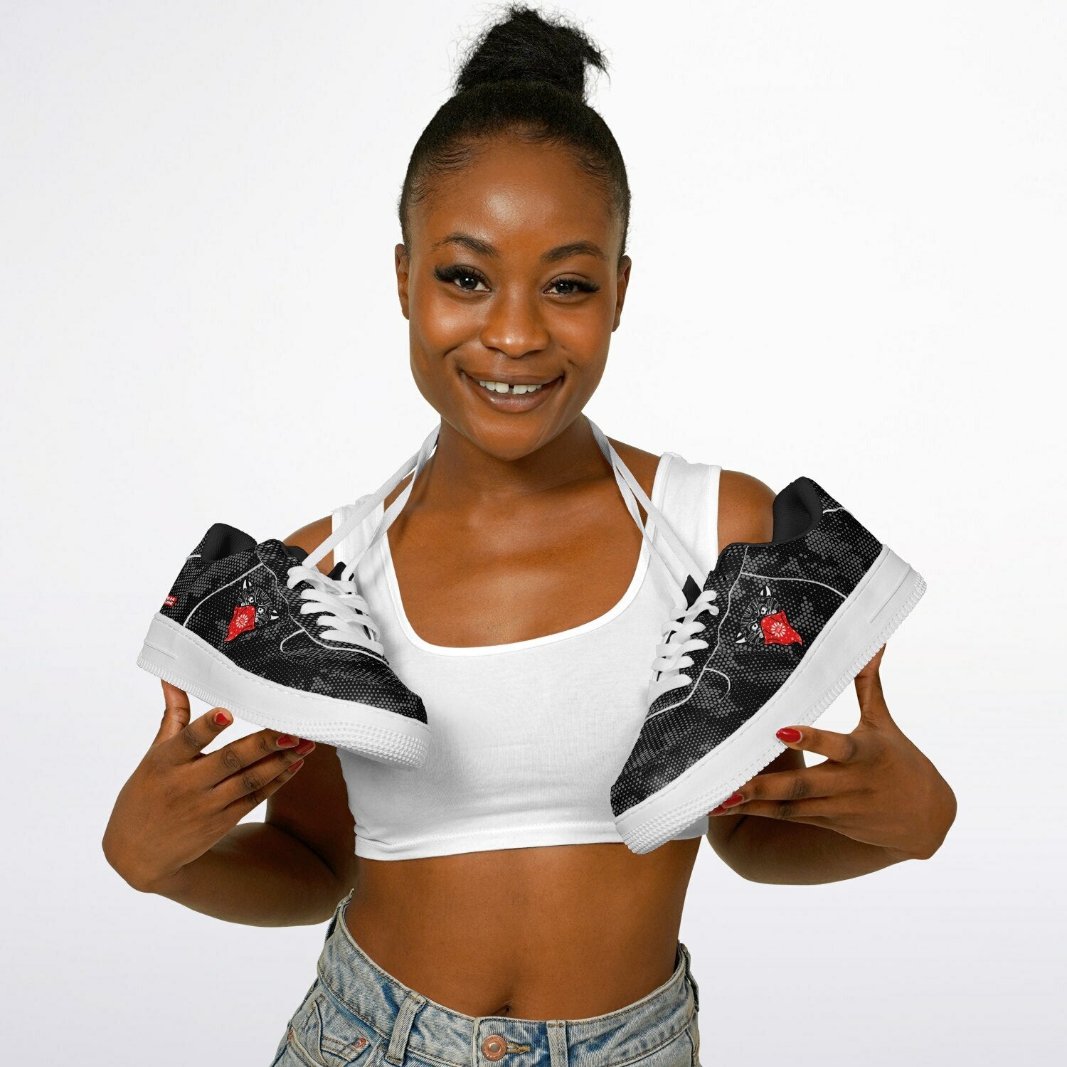 DD Low Top Sneakers in Digital Hexagon Urban Camo Pattern w/Bandito Panther and Box Logo AOP
