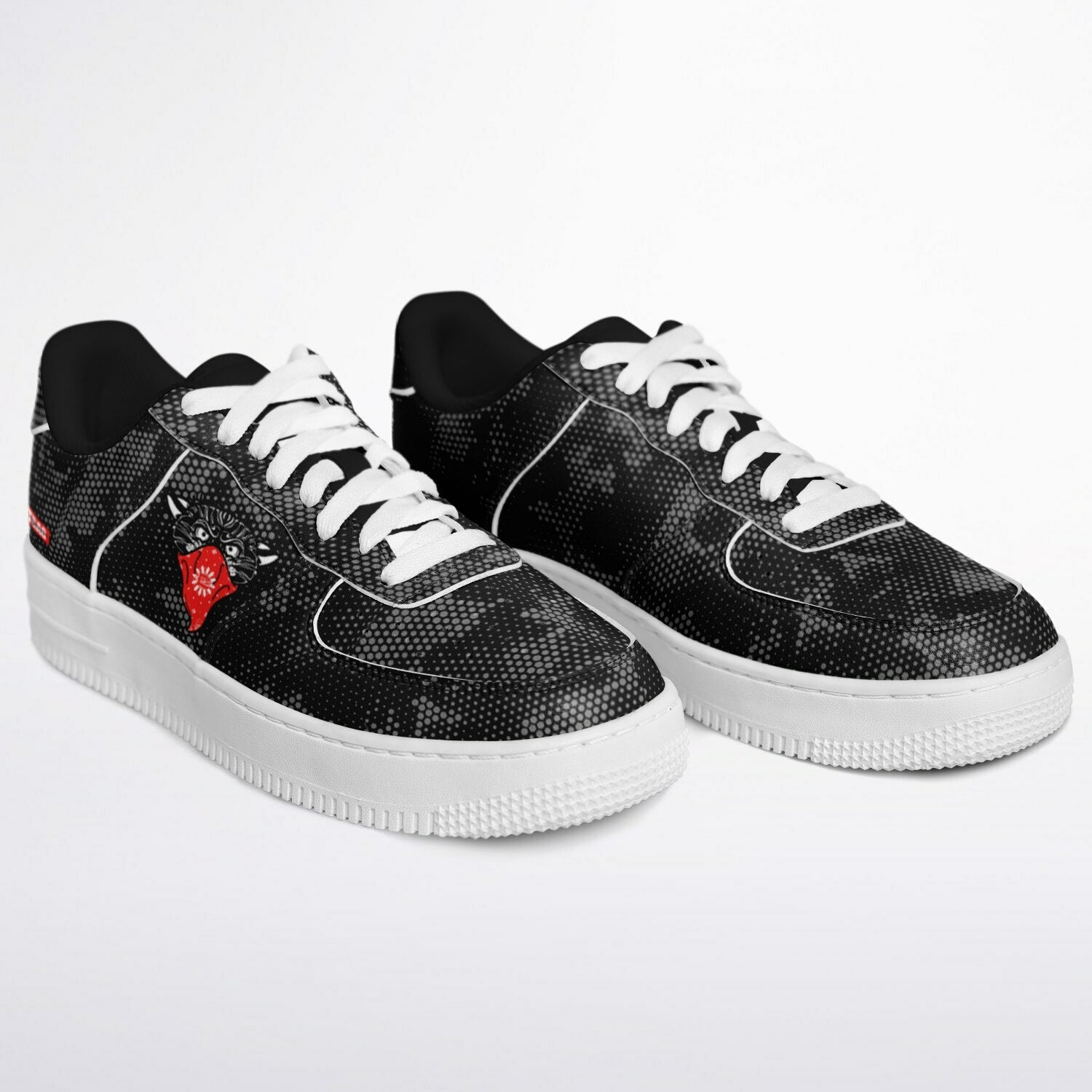 DD Low Top Sneakers in Digital Hexagon Urban Camo Pattern w/Bandito Panther and Box Logo AOP