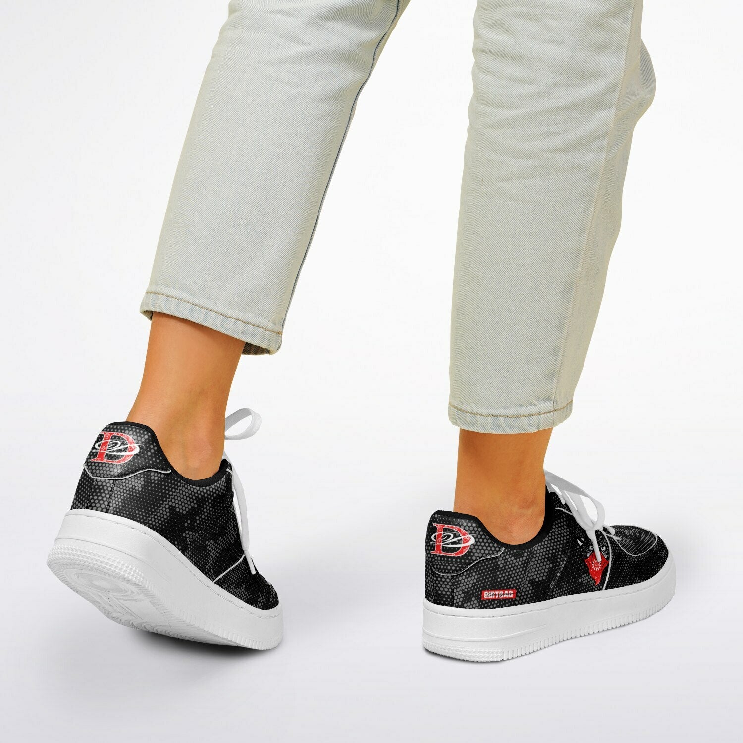 DD Low Top Sneakers in Digital Hexagon Urban Camo Pattern w/Bandito Panther and Box Logo AOP